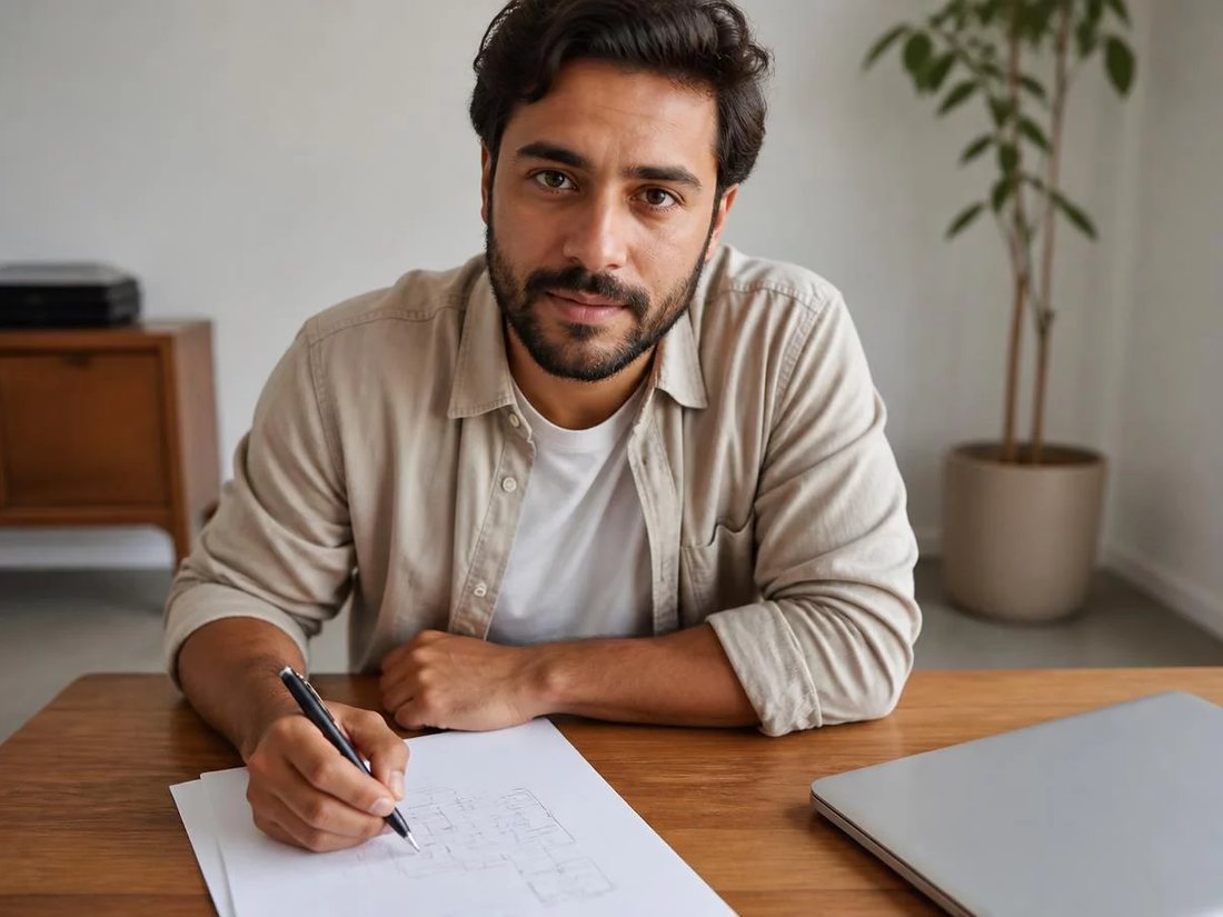 Duas pessoas relendo anotações num tablet apoiado numa mesa de madeira