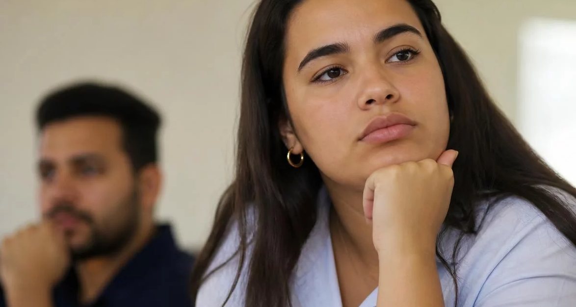 Participante com o braço no alto pedindo a vez, diante de folhas rabiscadas espalhadas pela mesa